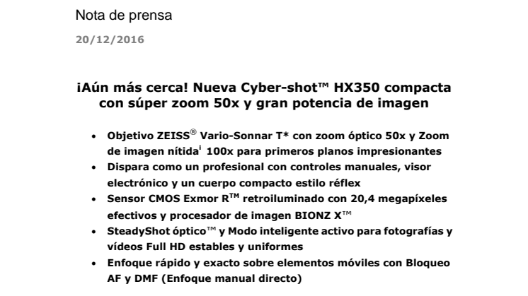¡Aún más cerca! Nueva Cyber-shot™ HX350 compacta  con súper zoom 50x y grandes prestaciones