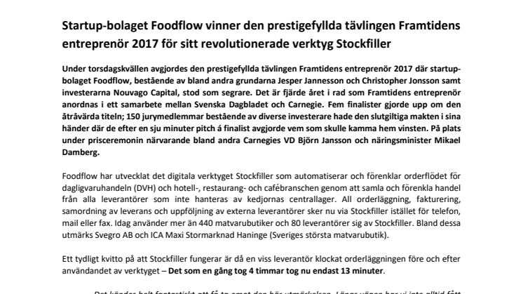 Startup-bolaget Foodflow vinner den prestigefyllda tävlingen Framtidens entreprenör 2017 för sitt revolutionerade verktyg Stockfiller