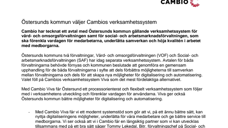 Östersunds kommun väljer Cambios verksamhetssystem