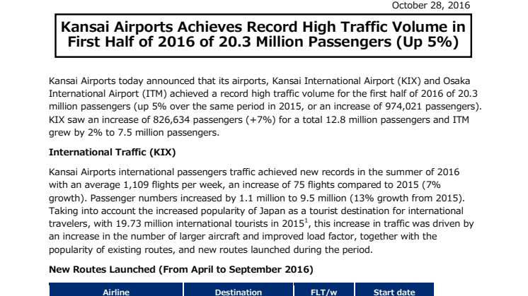 Kansai Airports Achieves Record High Traffic Volume in First Half of 2016 of 20.3 Million Passengers (Up 5%)