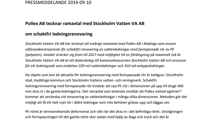 Pollex AB tecknar ramavtal med Stockholm Vatten VA AB om schaktfri ledningsrenovering