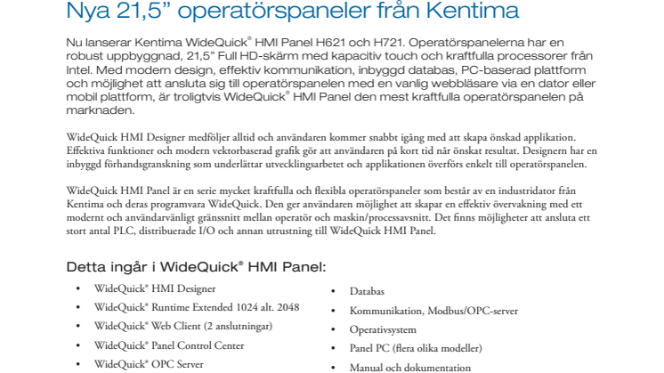 Nya 21,5” operatörspaneler från Kentima