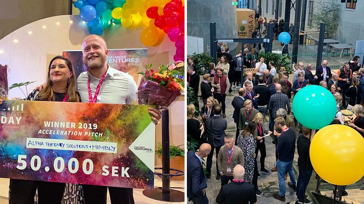 Isabella Palmgren, CEO and co-founder from Mimbly and Milton Lönnroth, co-founder from Alpha Therapy Solutions receive the award of 50 000 SEK respectively.