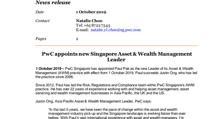 PwC appoints new Singapore Asset & Wealth Management Leader