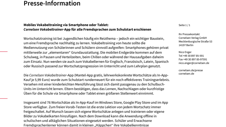 Mobiles Vokabeltraining via Smartphone oder Tablet:  "Cornelsen Vokabeltrainer"-App für alle Fremdsprachen zum Schulstart