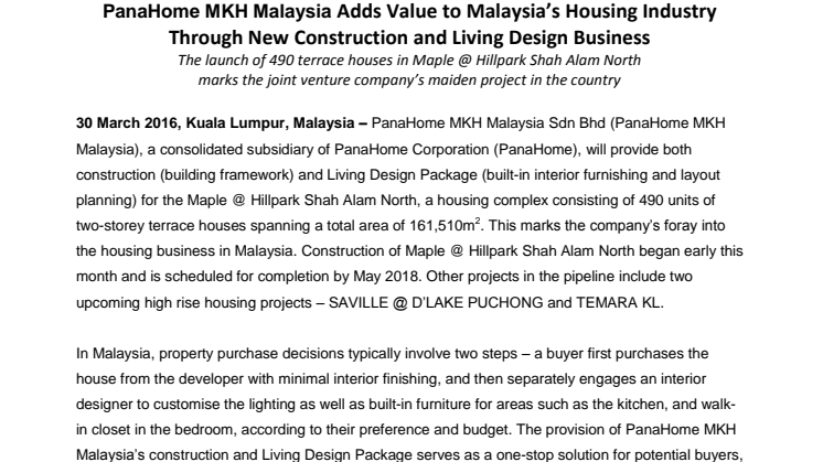 PanaHome MKH Malaysia Adds Value to Malaysia’s Housing Industry Through New Construction and Living Design Business