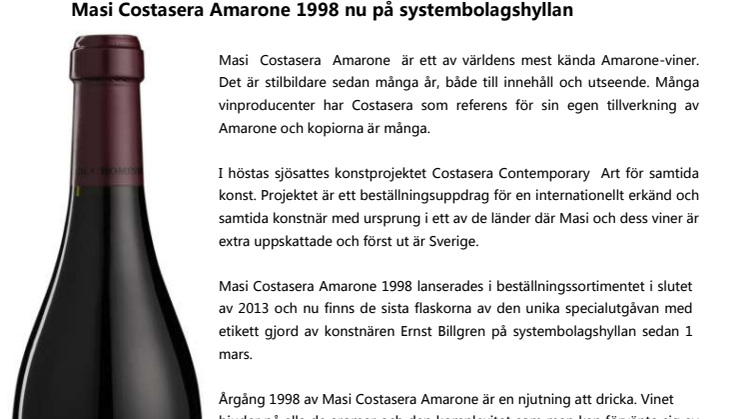 Masi Costasera Amarone 1998 nu på systembolagshyllan
