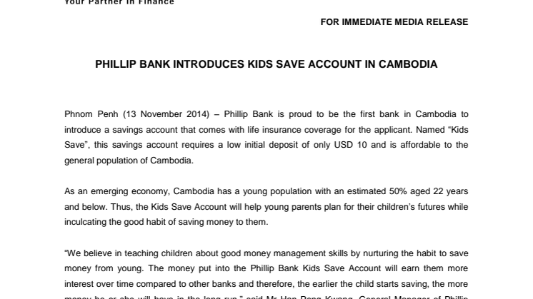 Phillip Bank Introduces Kids Save Account In Cambodia