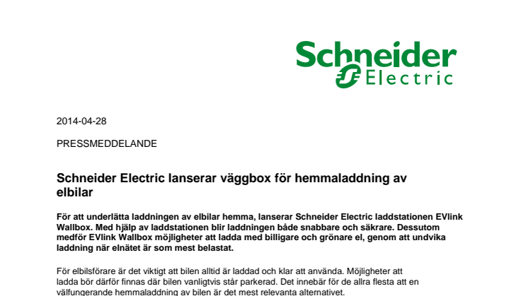Schneider Electric lanserar väggbox för hemmaladdning av elbilar
