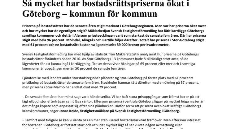 Så mycket har bostadsrättspriserna ökat i Göteborg – kommun för kommun