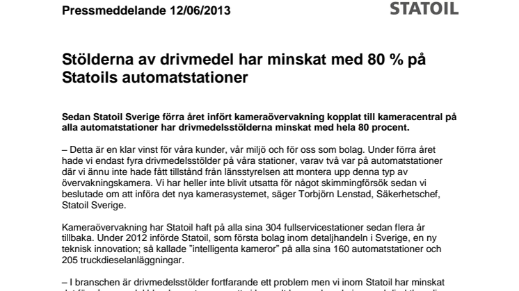 Stölderna av drivmedel har minskat med 80 % på Statoils automatstationer 