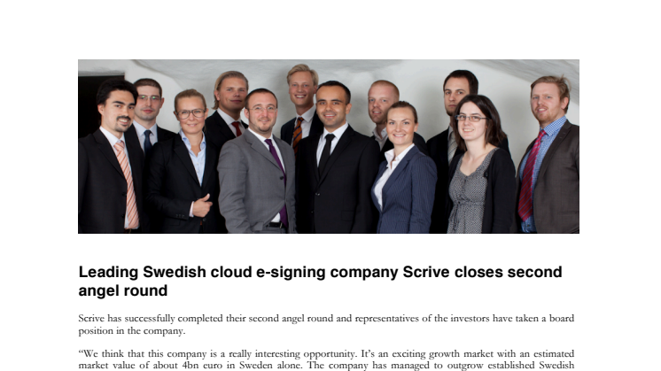 Leading Swedish cloud e-signing company Scrive closes second angel round 	