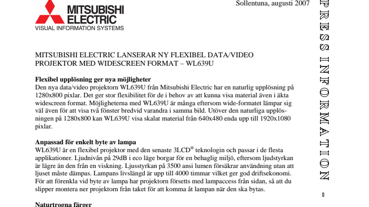 MITSUBISHI ELECTRIC LANSERAR NY FLEXIBEL DATA/VIDEO PROJEKTOR MED WIDESCREEN FORMAT – WL639U