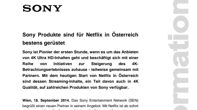 Pressemitteilung "Sony Produkte sind für Netflix in Österreich bestens gerüstet"