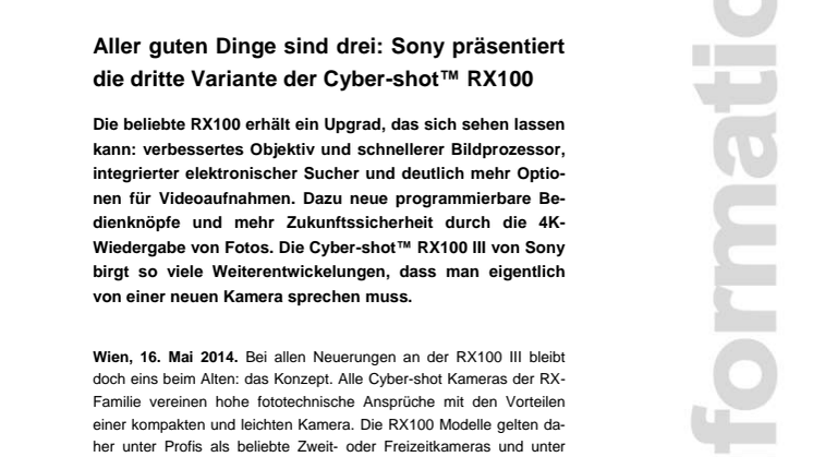 Pressemitteilung "Aller guten Dinge sind drei: Sony präsentiert die dritte Variante der Cyber-shot™ RX100"