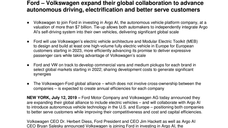 A Ford és a Volkswagen kiterjesztik globális együttműködésüket az önvezetés és az elektromos járművek elterjesztése, illetve a vásárlók még jobb kiszolgálása érdekében 