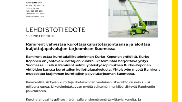 Ramirent vahvistaa kurottajakalustotarjontaansa ja aloittaa kuljettajapalvelujen tarjoamisen Suomessa
