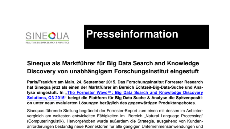Sinequa als Marktführer für Big Data Search and Knowledge Discovery von unabhängigem Forschungsinstitut eingestuft