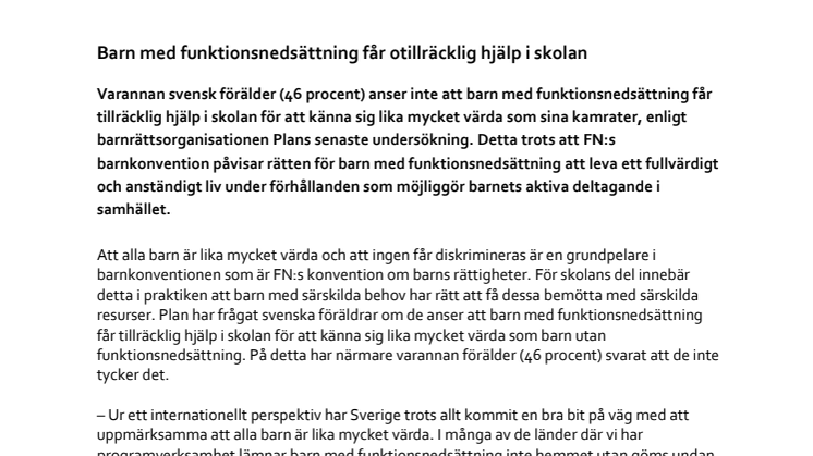 Barn med funktionsnedsättning får otillräcklig hjälp i skolan 