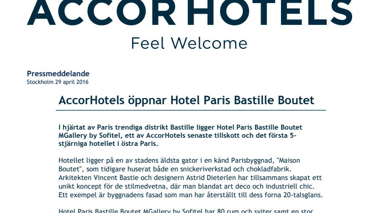 AccorHotels öppnar Hotel Paris Bastille Boutet