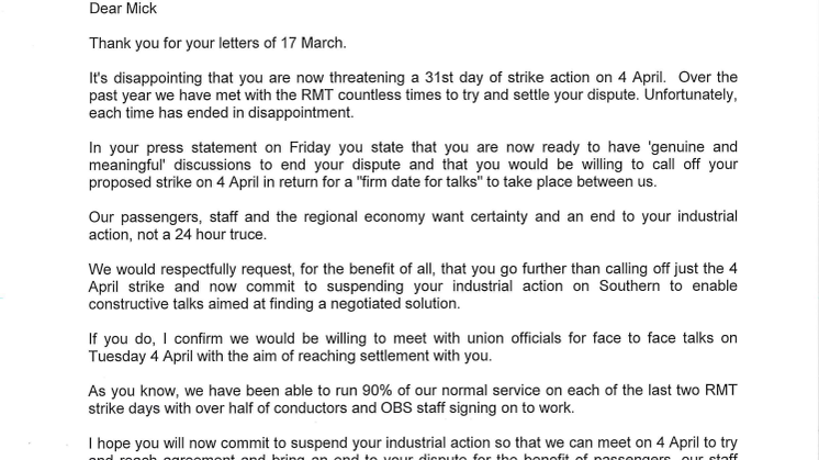 Letter to Mick Cash, Gen Sec RMT, from GTR CEO Charles Horton, 20 March 2017
