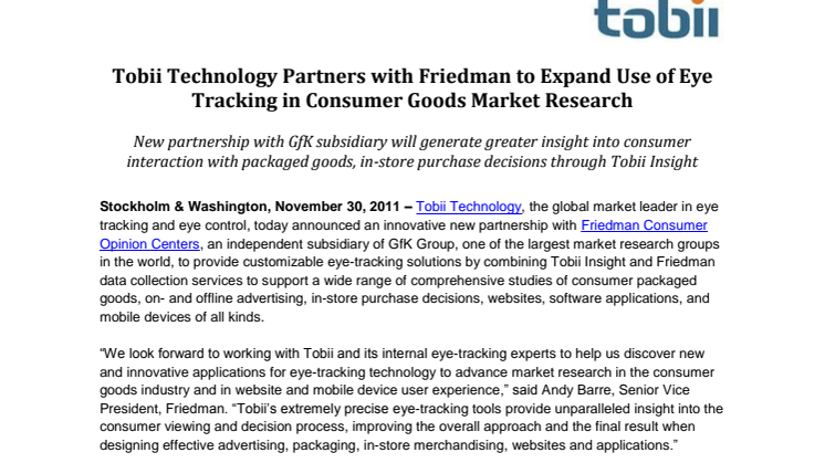 Tobii Technology Partners with Friedman to Expand Use of Eye Tracking in Consumer Goods Market Research