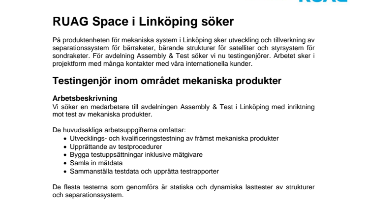 RUAG Space i Linköping söker Testingenjör
