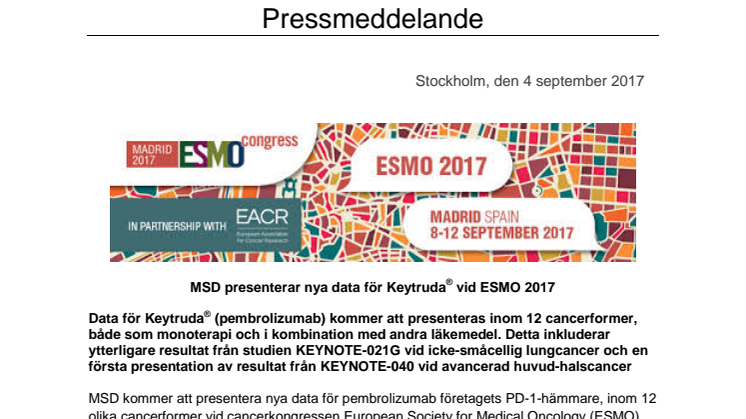 MSD presenterar nya data för Keytruda® vid ESMO 2017 