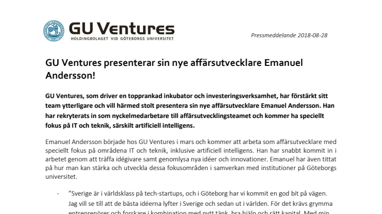 GU Ventures presenterar sin nye affärsutvecklare Emanuel Andersson! 