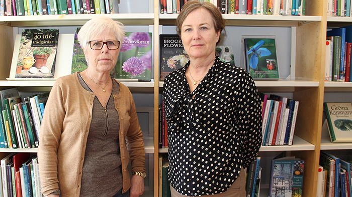 Distriktssköterskorna ​Ingrid Eriksson (t v) och Liselott Österman tycker att biblioteket är en bra plats för samtalsgruppen. Det är viktigt för gruppdeltagarna att komma bort från vårdmiljön.