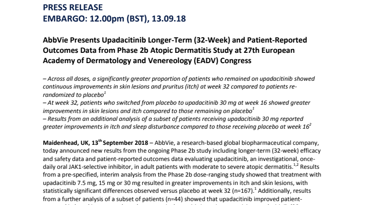 AbbVie Presents Upadacitinib Longer-Term (32-Week) and Patient-Reported Outcomes Data from Phase 2b Atopic Dermatitis Study at 27th European Academy of Dermatology and Venereology (EADV) Congress