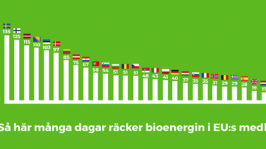 Så här många dagars energibehov täcker bioenergin i Europas länder – EU:s 28 medlemsländer plus ytterligare fyra länder. 