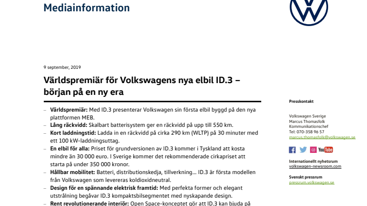 Världspremiär för Volkswagens nya elbil ID.3 – starten på en ny era