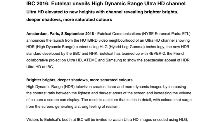 IBC 2016: Eutelsat unveils High Dynamic Range Ultra HD channel 