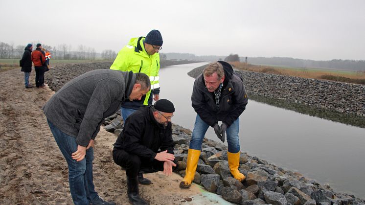 André Nedlin, Amtsdirektor Biesenthal-Barnim (l.), Barnims Landrat Daniel Kurth und Frank Krüger vom Landesamt für Umwelt überprüfen die neue Dichtung im Werbellinkanal. Foto: Pressestelle LK Barnim/Oliver Köhler