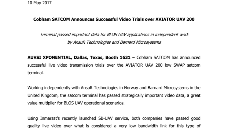 Cobham SATCOM Announces Successful Video Trials over AVIATOR UAV 200