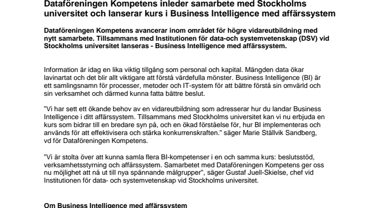 Dataföreningen Kompetens inleder samarbete med Stockholms universitet och lanserar kurs i Business Intelligence