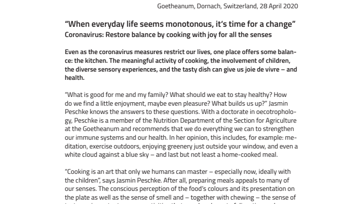 Coronavirus – restore balance by cooking with joy for all the senses: “When everyday life seems monotonous, it‘s time for a change” 