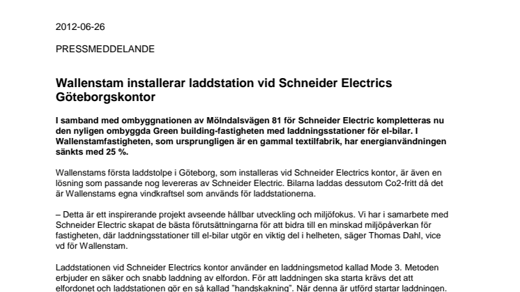 Wallenstam installerar laddstation vid Schneider Electrics Göteborgskontor