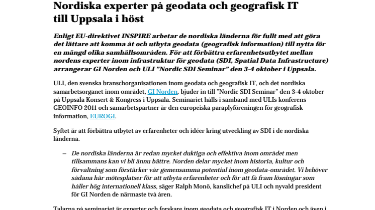 Nordiska experter på geodata och geografisk IT  till Uppsala i höst