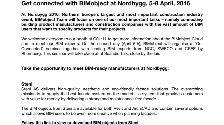 Get connected with BIMobject at Nordbygg, 5-8 April, 2016