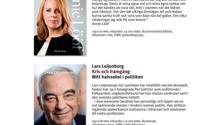 Böcker av eller om Annie Lööf, Lars Leijonborg, Birgit Nilsson, Larry Leksell och Lars Wohlin i vårutgivningen