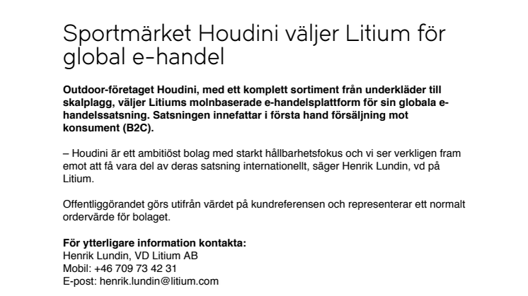 Sportmärket Houdini väljer Litium för global e-handel