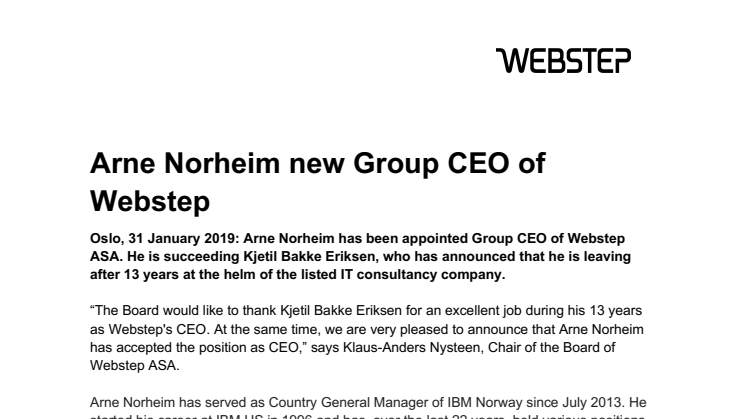 Arne Norheim new Group CEO of Webstep