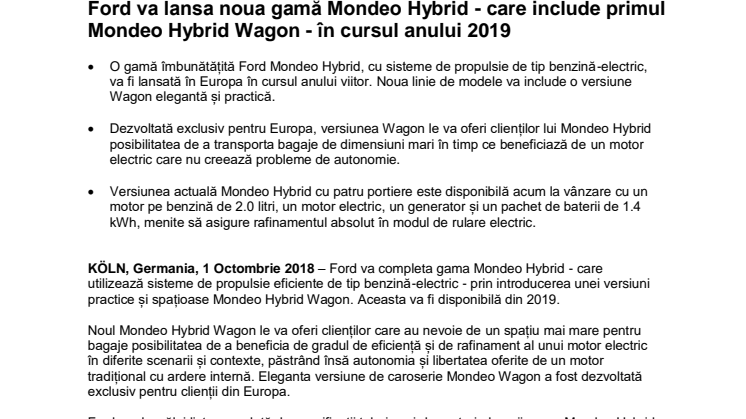 Ford va lansa noua gamă Mondeo Hybrid - care include primul Mondeo Hybrid Wagon - în cursul anului 2019