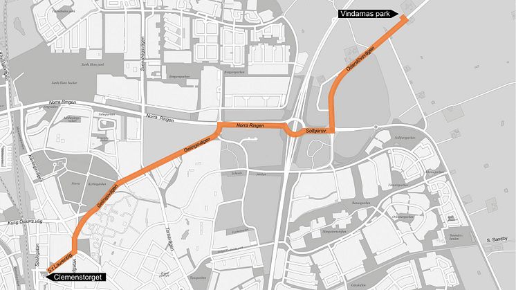 Trädtransporten kommer att ha bred last och ska köra långsamt, på vissa platser - mot trafik, pga särskilda svängradier. Vi räknar med en viss störning för övrig trafik under tiden som trädflyttningsmaskinen passerar.  Karta: Lunds kommun.