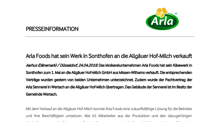 Arla Foods hat sein Werk in Sonthofen an die Allgäuer Hof-Milch verkauft