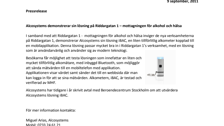 Alcosystems demonstrerar sin lösning på Riddargatan 1 – mottagningen för alkohol och hälsa