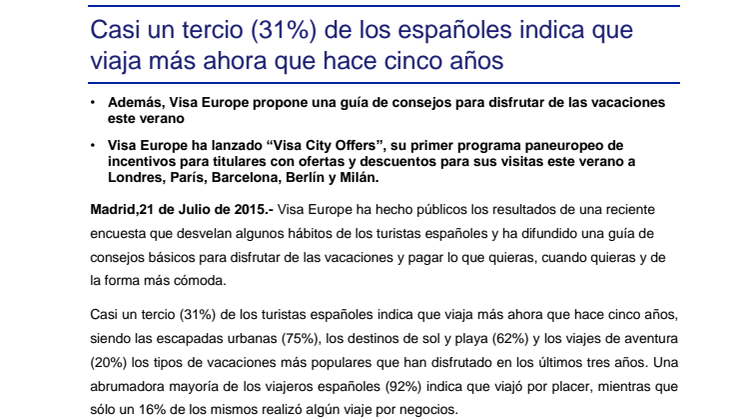 Casi un tercio (31%) de los españoles indica que viaja más ahora que hace cinco años
