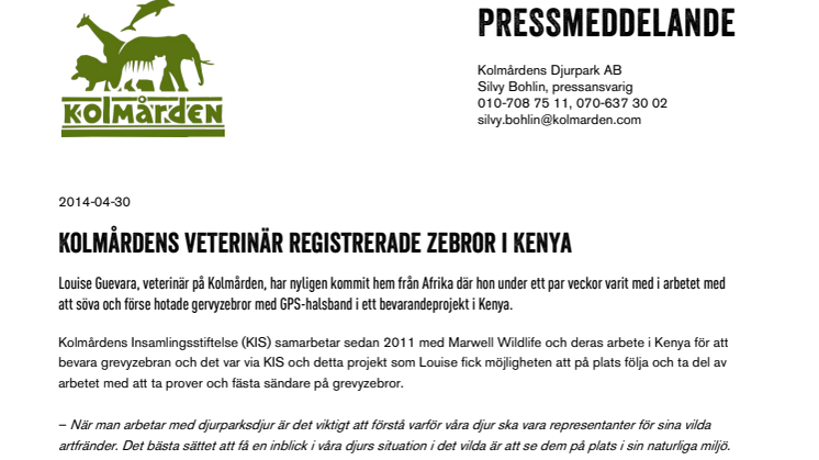 Kolmårdens veterinär registrerade zebror i Kenya